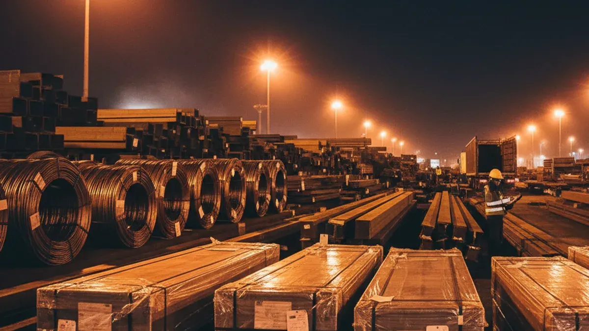 Editorial image: Night metals yard stockpile - Construction material costs jump 2.9% in January on metal price spikes