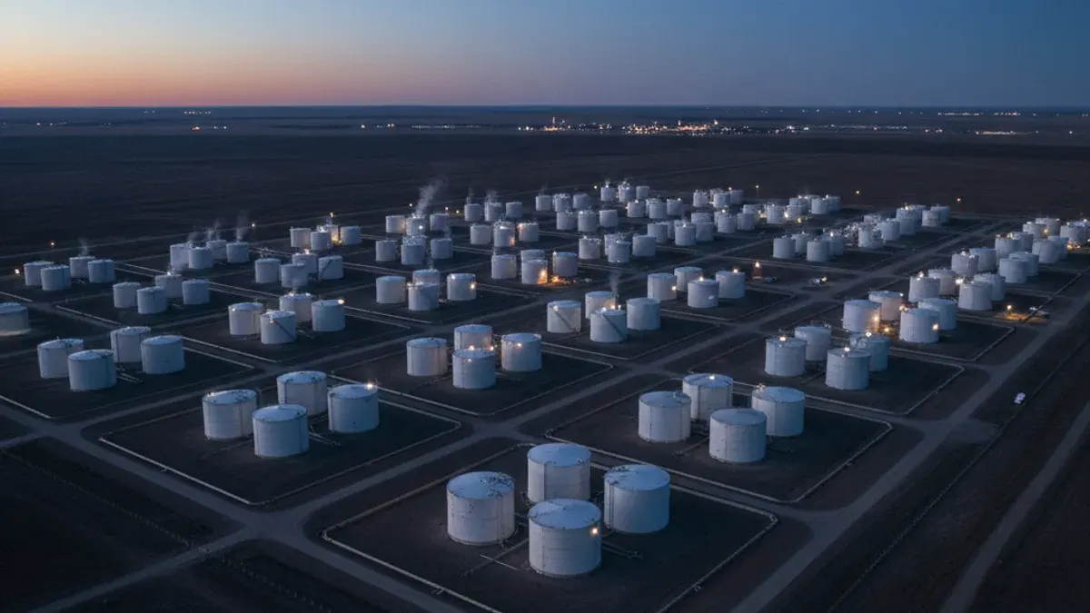 Editorial image: Tank farm dusk aerial - Alberta and Ottawa Strike Methane Deal, Handing Province Regulatory Control