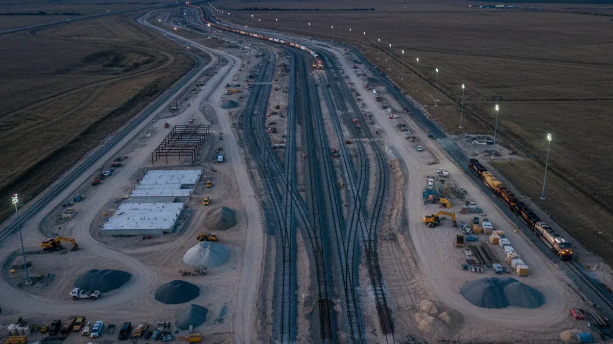 Editorial image: Rail hub construction aerial dusk - BNSF Breaks Ground on North Texas Rail Logistics Hub in Gunter