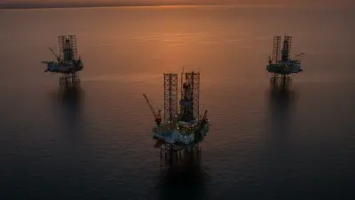 Editorial image: Idle Gulf jackups at dusk - Borr Drilling suspends three Gulf rigs amid regional tensions