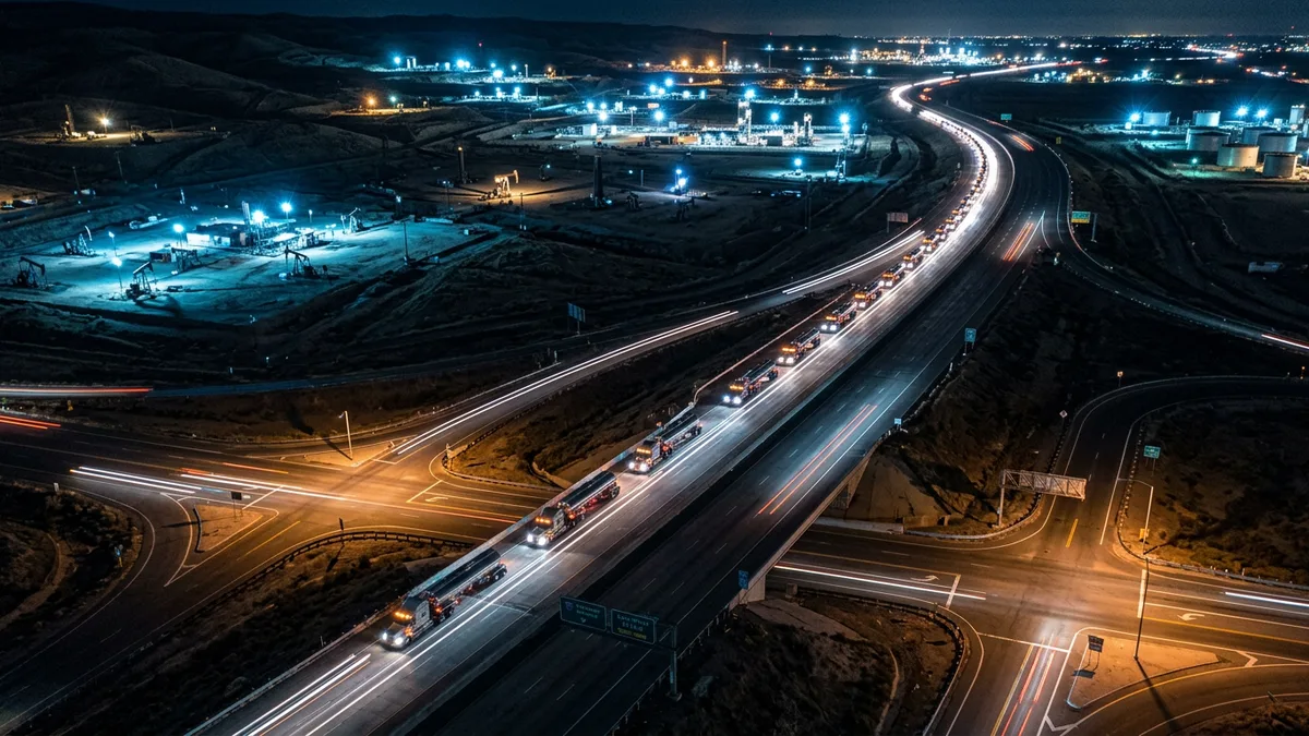 Editorial image: Nighttime truck convoy aerial - California Pipeline Shutdown Forces Costly Trucking Operations for Oil Producers