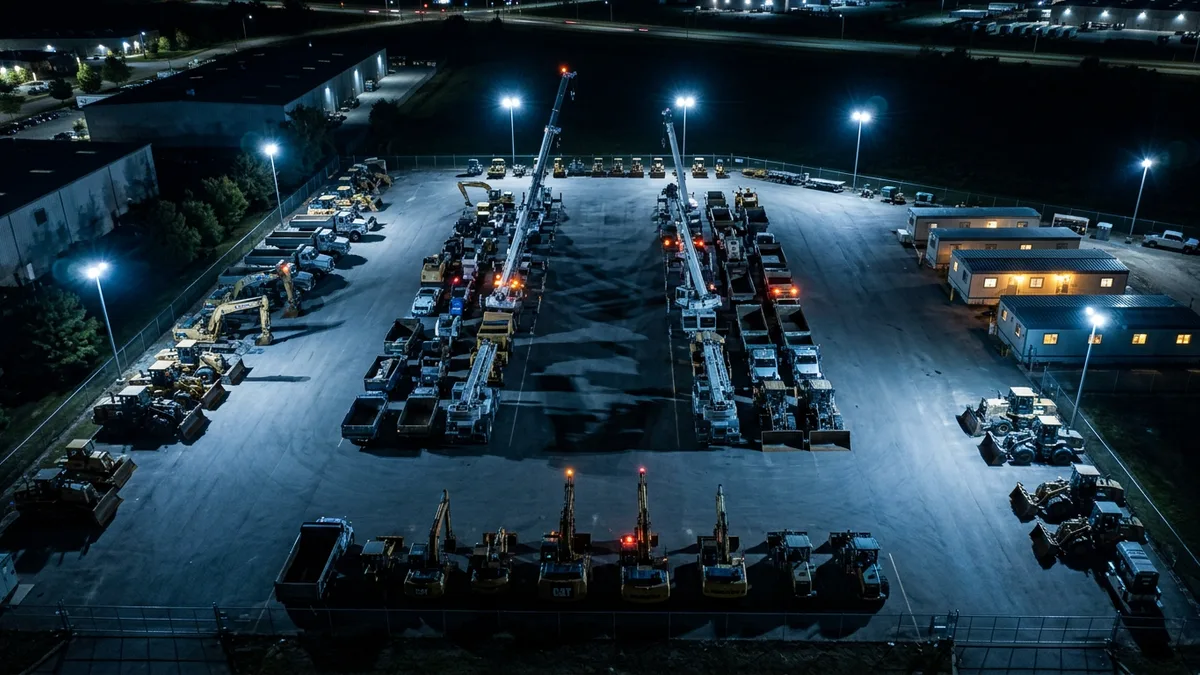 Editorial image: Equipment yard at night - Construction Teams Lose Money When Bid Information Doesn't Reach Field Crews