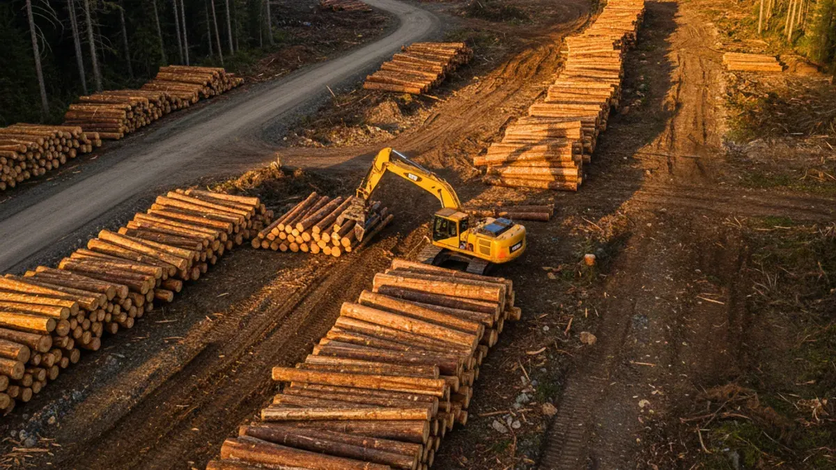 Editorial image: Aerial log loader timber harvest - Develon's New 43-Ton Log Loader Targets Heavy Timber Work in Rugged Terrain
