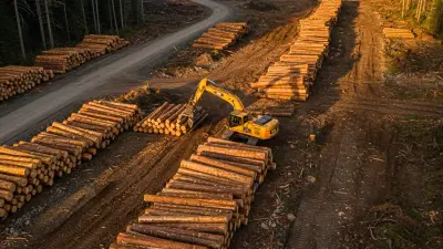 Editorial image: Aerial log loader timber harvest - Develon's New 43-Ton Log Loader Targets Heavy Timber Work in Rugged Terrain