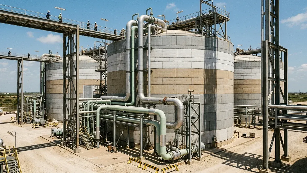 Editorial image: LNG terminal ground-level scale - Golden Pass LNG Produces First Gas at Sabine Pass, Texas