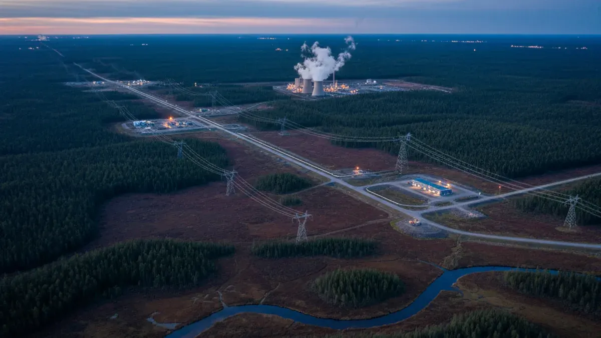 Editorial image: Aerial industrial corridor boreal wilderness - Indigenous and Rural Coalition Demands Federal Review of Alberta's $16.5B CO2 Pipeline