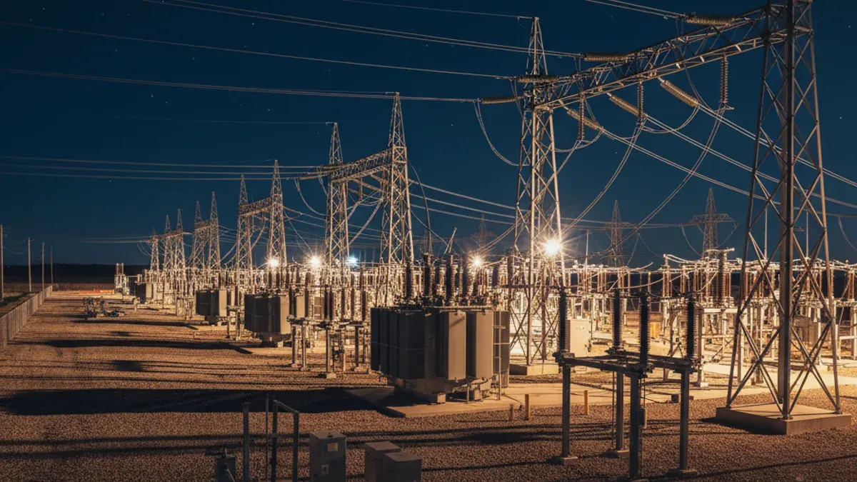Editorial image: Night substation power infrastructure - Kansas Residents Oppose Data Centers as Infrastructure Strain Concerns Grow