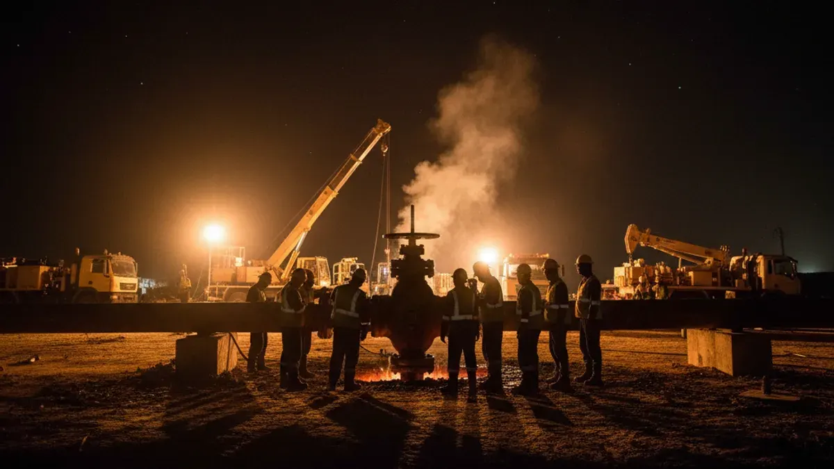 Editorial image: Night pipeline emergency repair crew - Libya's Sharara Field Loses Half Its Output After Pipeline Fire