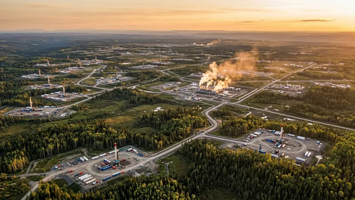 Editorial image: Montney aerial golden dominance - Montney Now Accounts for 55% of Canadian Natural Gas Output, Data Shows