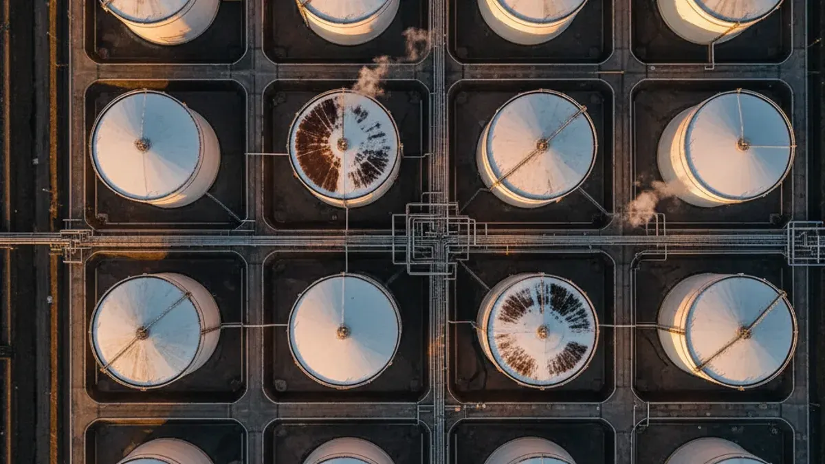 Editorial image: Tank farm aerial dramatic - Oil Glut Concerns Fade as Supply Disruptions Drive Prices Higher