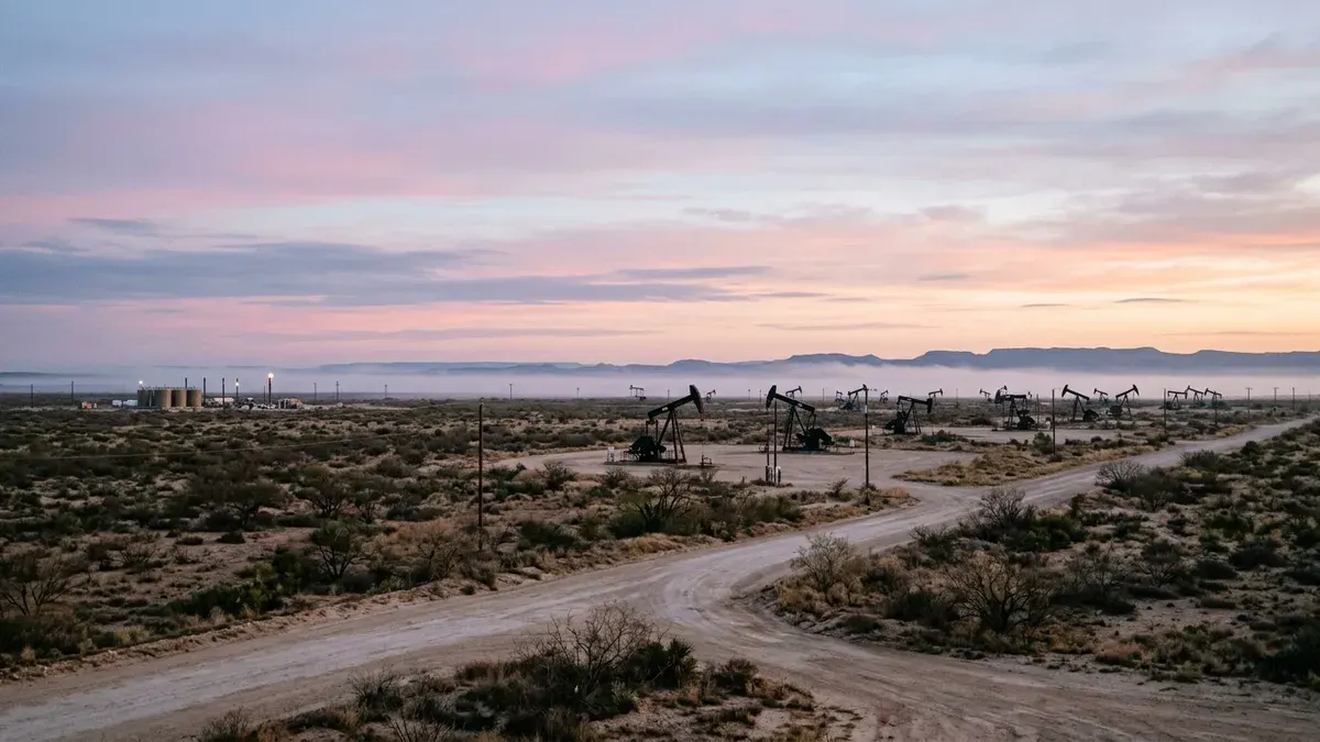 Editorial image: Remote pumpjack field at dawn - Oil Theft Surge in West Texas Puts Field Service Companies on Alert