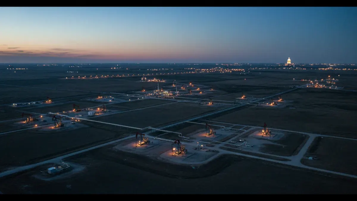 Editorial image: Oklahoma energy oversight aerial dusk - Oklahoma Corporation Commissioner Launches Congressional Bid While Pledging to Continue Energy Regulation Duties