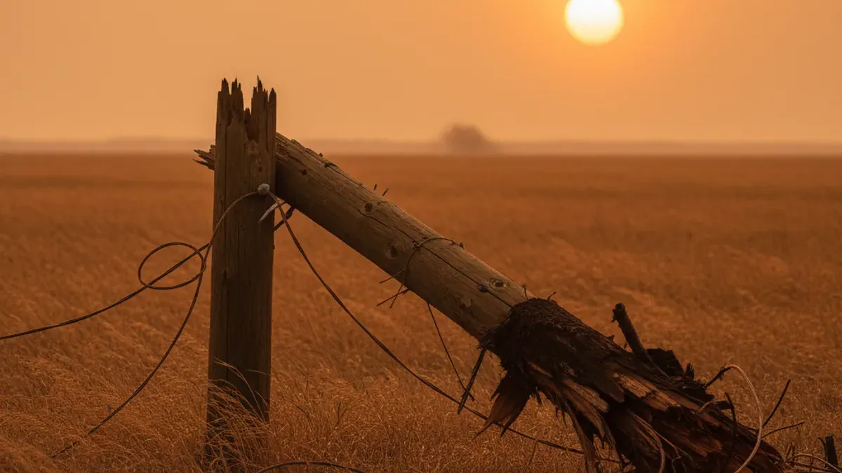 Editorial image: Downed power pole windstorm - Oklahoma Wind Storm Knocks Out Power to 10,000+ Customers, Triggers Wildfire Outbreak