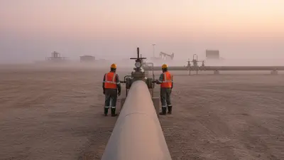 Editorial image: Desert bypass pipeline at dawn - Persian Gulf Pipeline Bypasses Hit Capacity Limits as Hormuz Disruption Continues