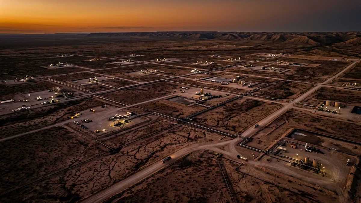 Editorial image: Aerial disposal wells dusk basin - Seismic Activity in the Permian Basin Has Surged Up to 700% Since 2018, Scientists Say