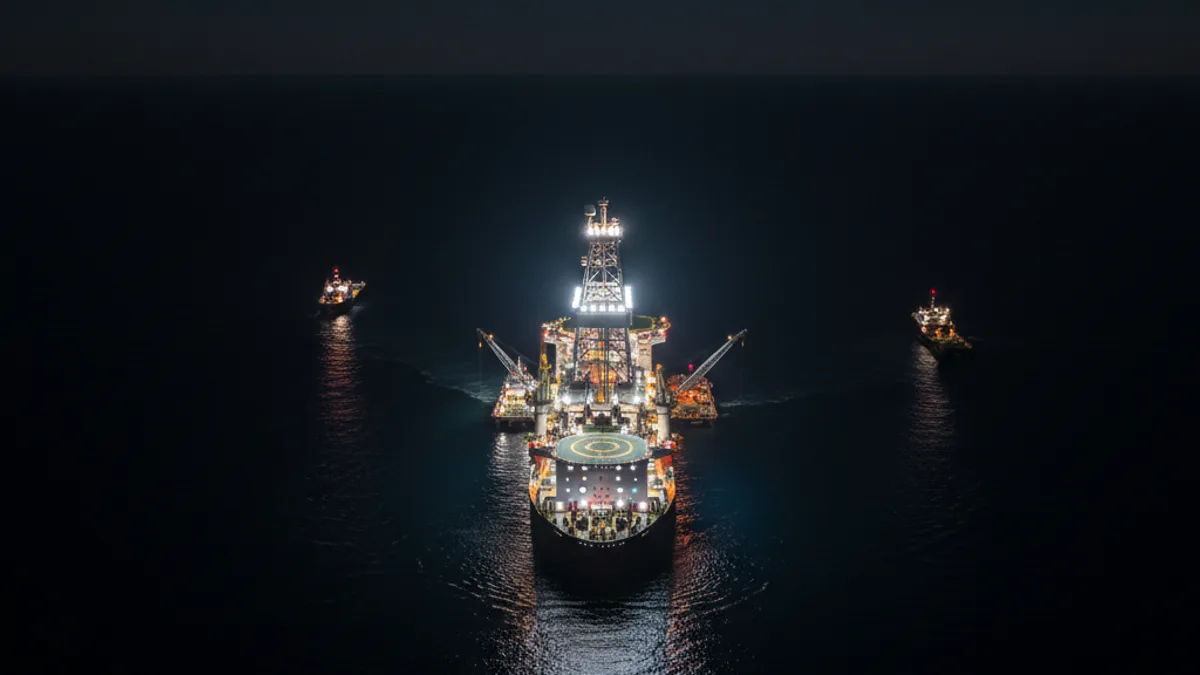 Editorial image: Offshore drillship lit at night - Shell Discovers Gas at Sirius Well Offshore Egypt, Eyes 2029 Production