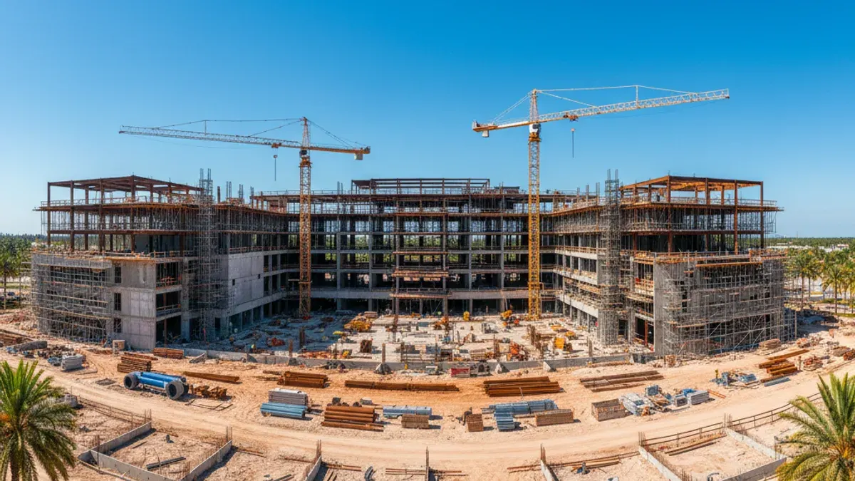 Editorial image: Hospital topping out construction panorama - Skanska Reaches Topping Out on $435 Million Florida Hospital, Employs 56 Trade Partners