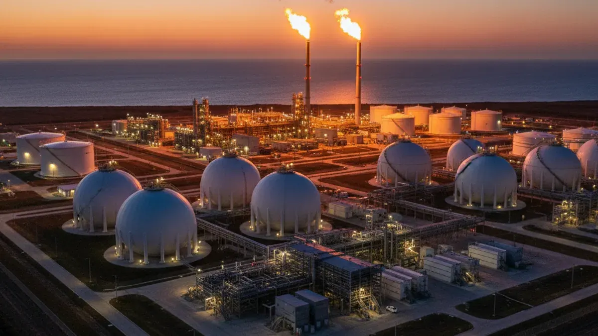 Editorial image: LNG terminal aerial dusk - TotalEnergies Shifts $928M From US Offshore Wind Into LNG and Gas Production