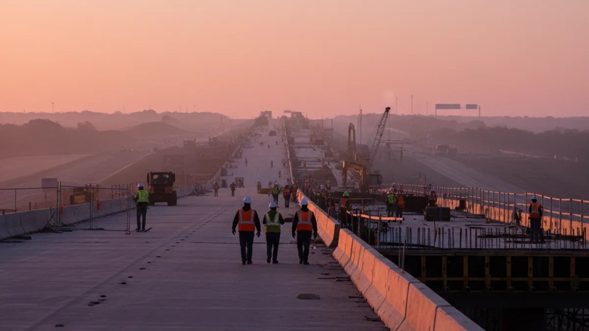Editorial image: Dawn bridge crew Texas highways - TxDOT's $104 Billion Construction Program Signals Years of Work for Texas Subcontractors