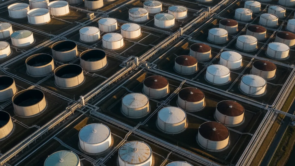 Editorial image: Gulf Coast storage terminal aerial - US Crude Oil Exports Fell 3% in 2025, First Drop Since 2021