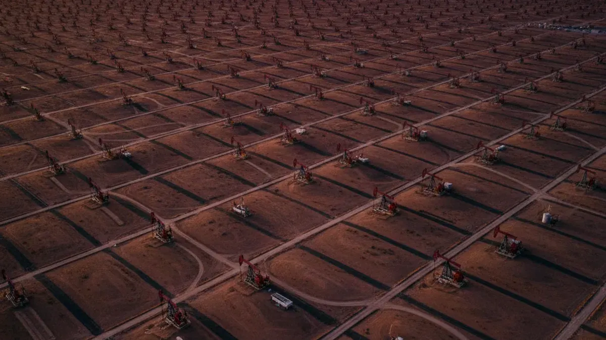 Editorial image: Aerial pumpjack field at dusk - U.S. Crude Stocks Jump 6.9 Million Barrels, Hitting 456 Million