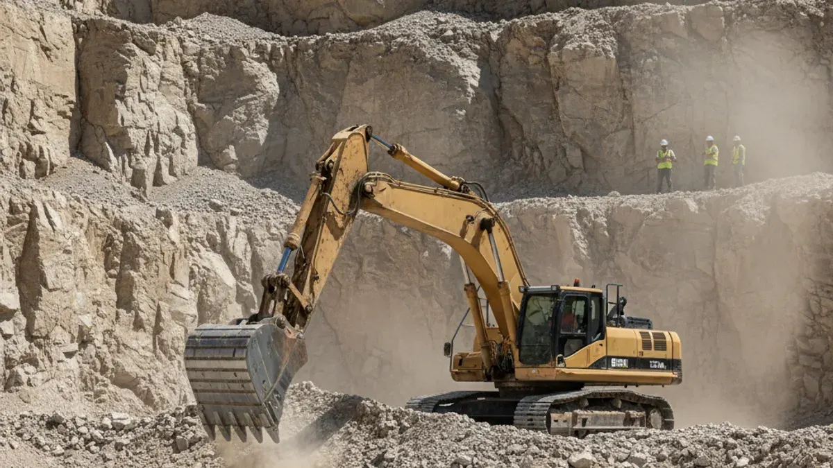 Editorial image: Excavator working quarry midday - Volvo CE Invests $40 Million in US Manufacturing, Unveils 56-Ton Excavator for Quarry Work