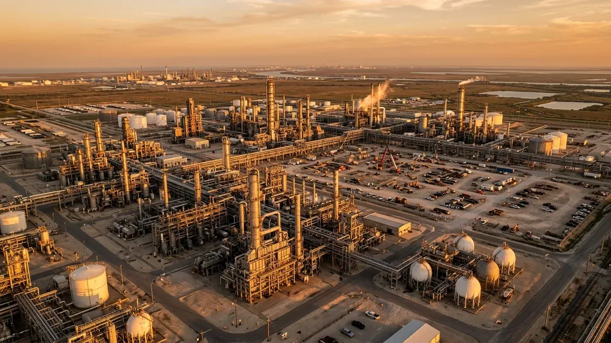 Editorial image: Aerial ammonia plant golden hour - Woodside's Texas Ammonia Plant Faces Production Delay Due to Feedstock Construction Issues