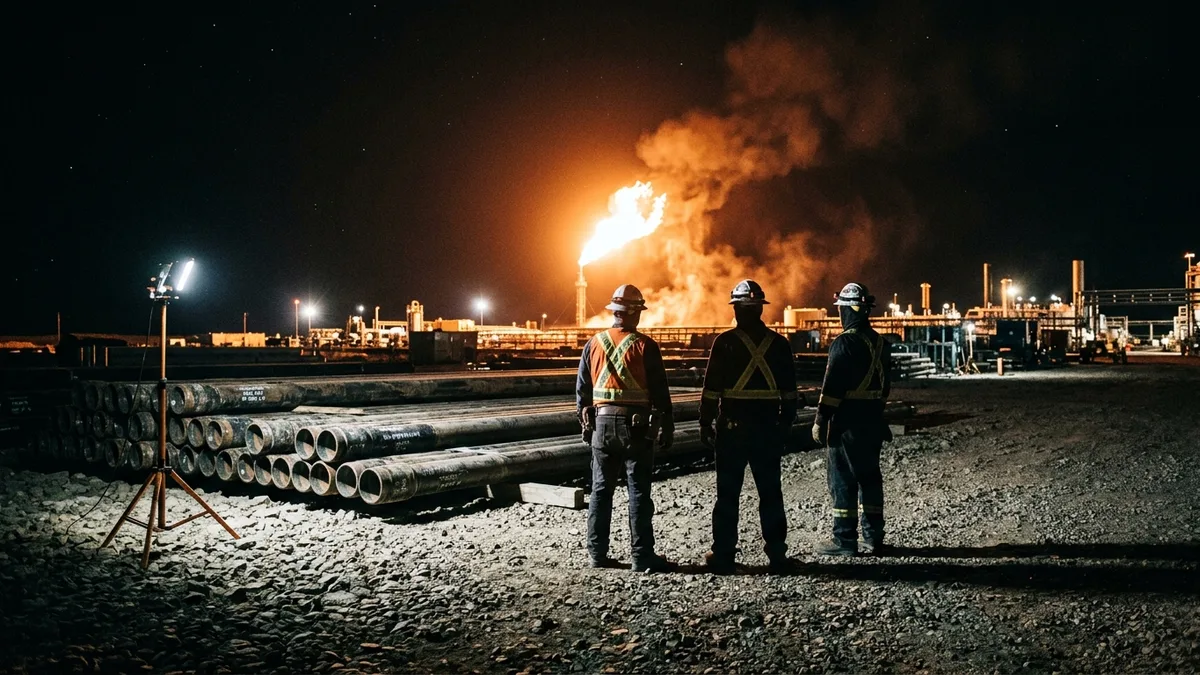 Editorial image: Night crew, flare-lit field - WTI Tops $100 as Hormuz Tensions Keep Oil Markets on Edge