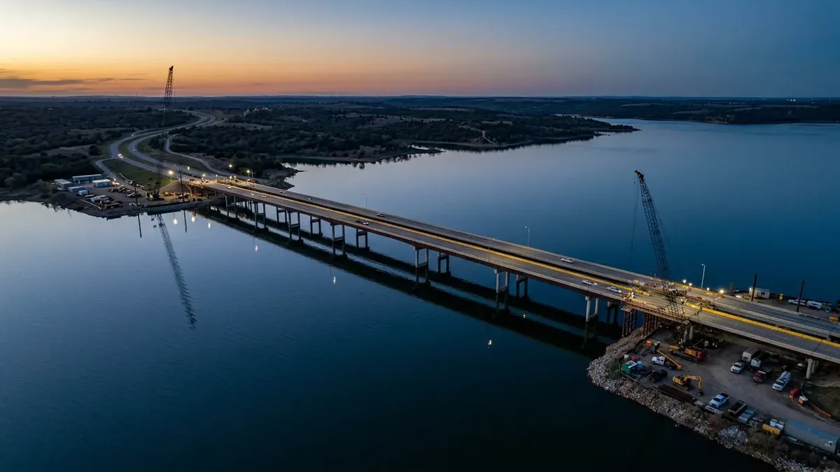 Editorial image: Aerial lake bridge dusk - $408M Lake Texoma Bridge Replacement Kicks Off This Summer, Done by Fall 2029