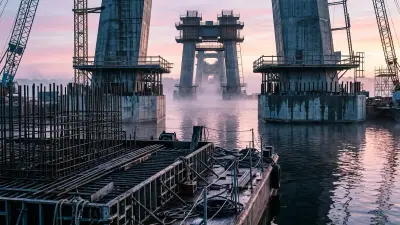 Editorial image: Bridge pylons rising at dawn - $4.4B Brent Spence Bridge Enters Active Construction Phase in 2026