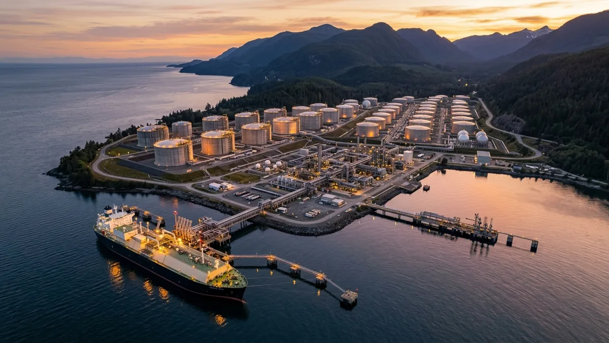 Editorial image: LNG terminal aerial dusk - B.C. Energy Policy Uncertainty Clouds LNG and Pipeline Prospects, Says Resource Works CEO