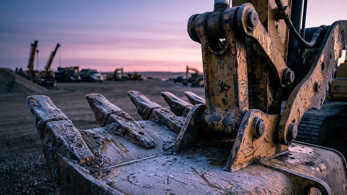 Editorial image: Frost-covered excavator at dawn - Canada Still Dominates US Equipment Exports Despite 13% Drop in 2025