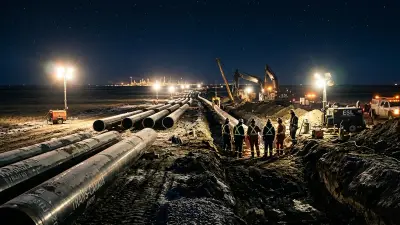 Editorial image: Nighttime pipeline corridor uncertainty - Canadian Pipeline Confidence Drops to 46% as Federal Review Timeline Remains Uncertain