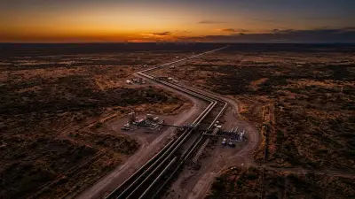 Editorial image: Aerial pipeline corridor at dusk - EIA Forecasts Decade of Sub-$70 Oil and Falling U.S. Output — What That Means for Field Service Companies