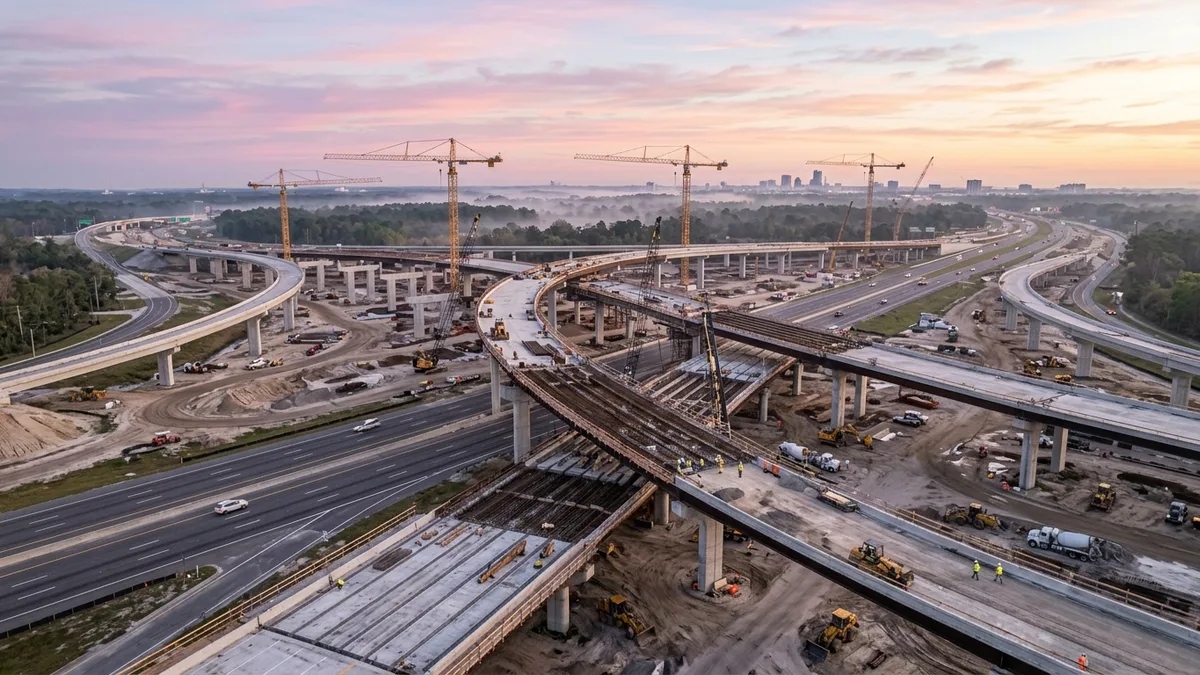 Editorial image: Highway interchange construction at dawn - Five State DOTs Are Spending Billions This Spring. Here's Where Civil Subcontractors Should Look