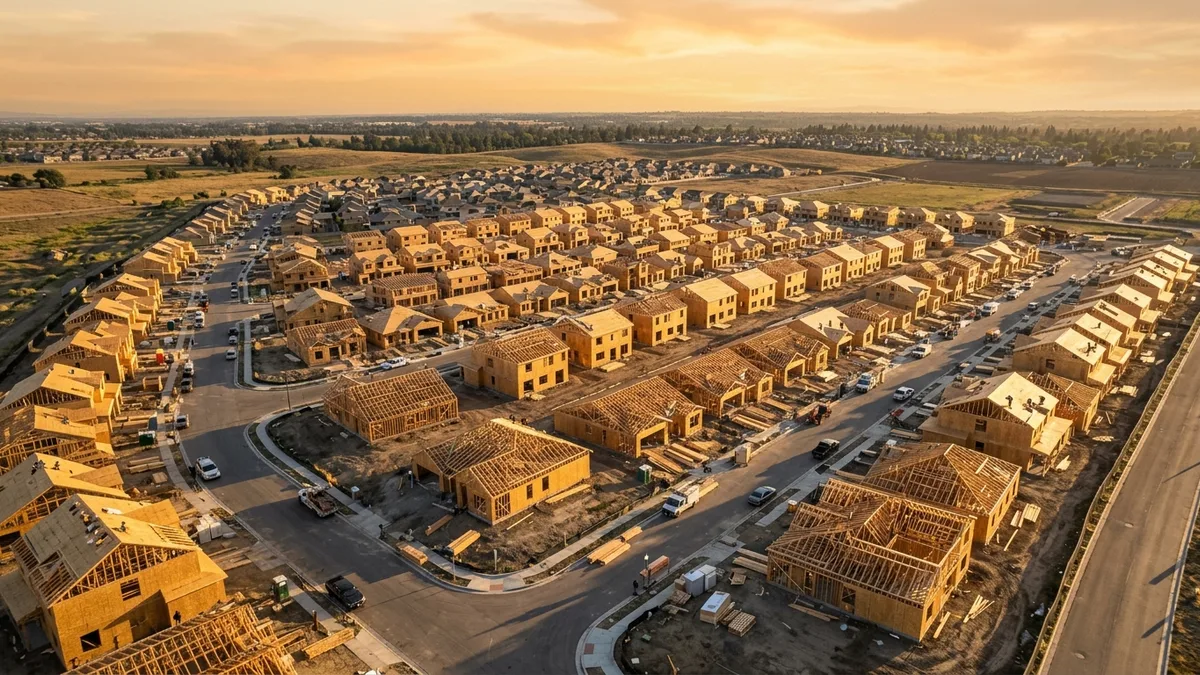 Editorial image: Aerial residential construction labor scale - Immigrant Workers Hit Record 26% of Construction Workforce, But That Share Is About to Fall