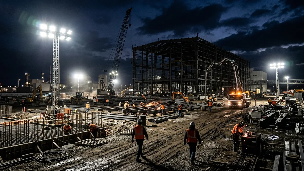 Editorial image: Night industrial construction surge - Infrastructure and Manufacturing Lead March Construction Rebound, But Gains Are Concentrated