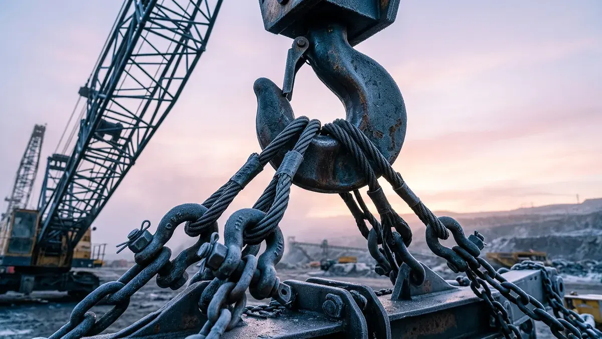 Editorial image: Heavy rigging detail at dawn - Mammoet and Ledcor Complete Heavy-Lift Headframe Work at BHP's Jansen Potash Mine