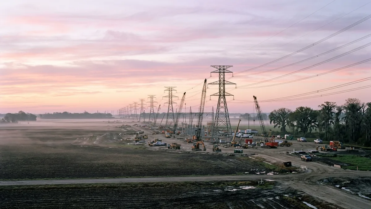Editorial image: Louisiana transmission infrastructure at dawn - Meta's $27B Louisiana Data Center Triggers 7.5-GW Power Build, Thousands of Field Jobs