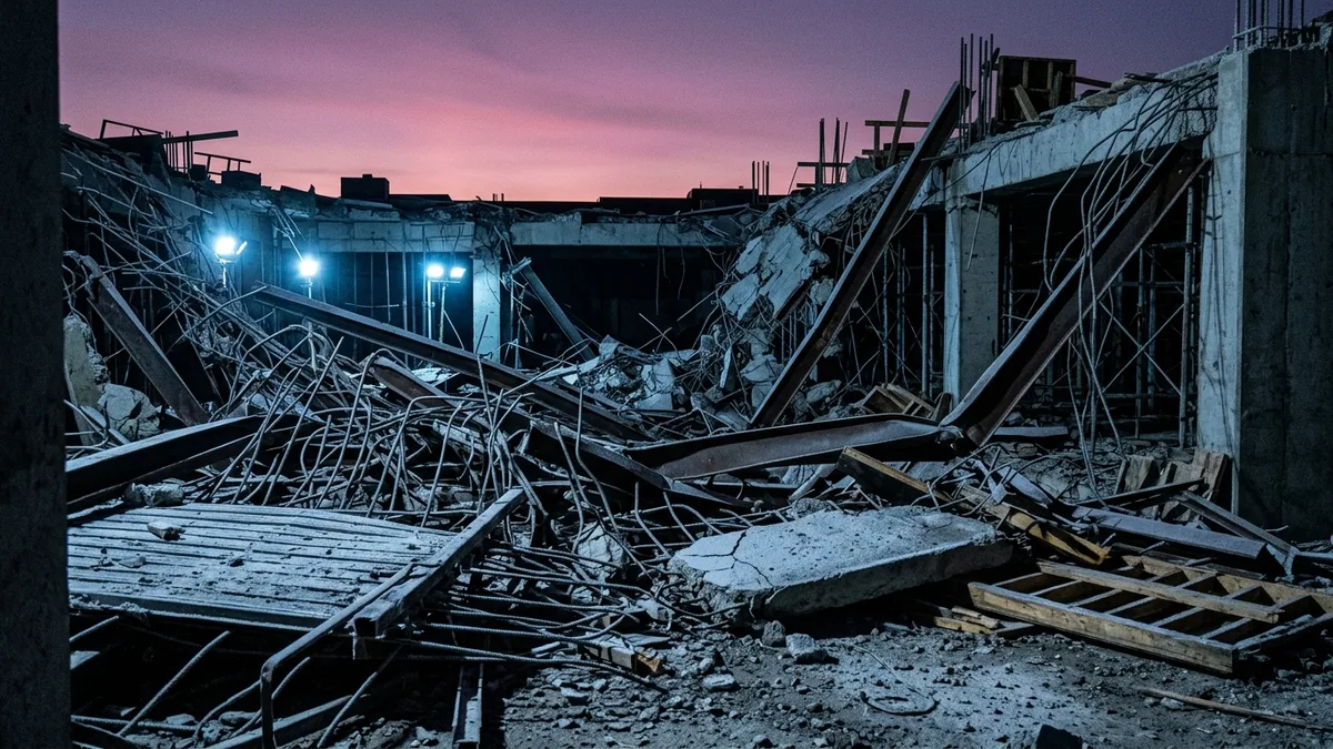 Editorial image: Collapsed steel structure at dawn - Philadelphia Parking Garage Collapse Kills at Least One Ironworker, Two Still Missing