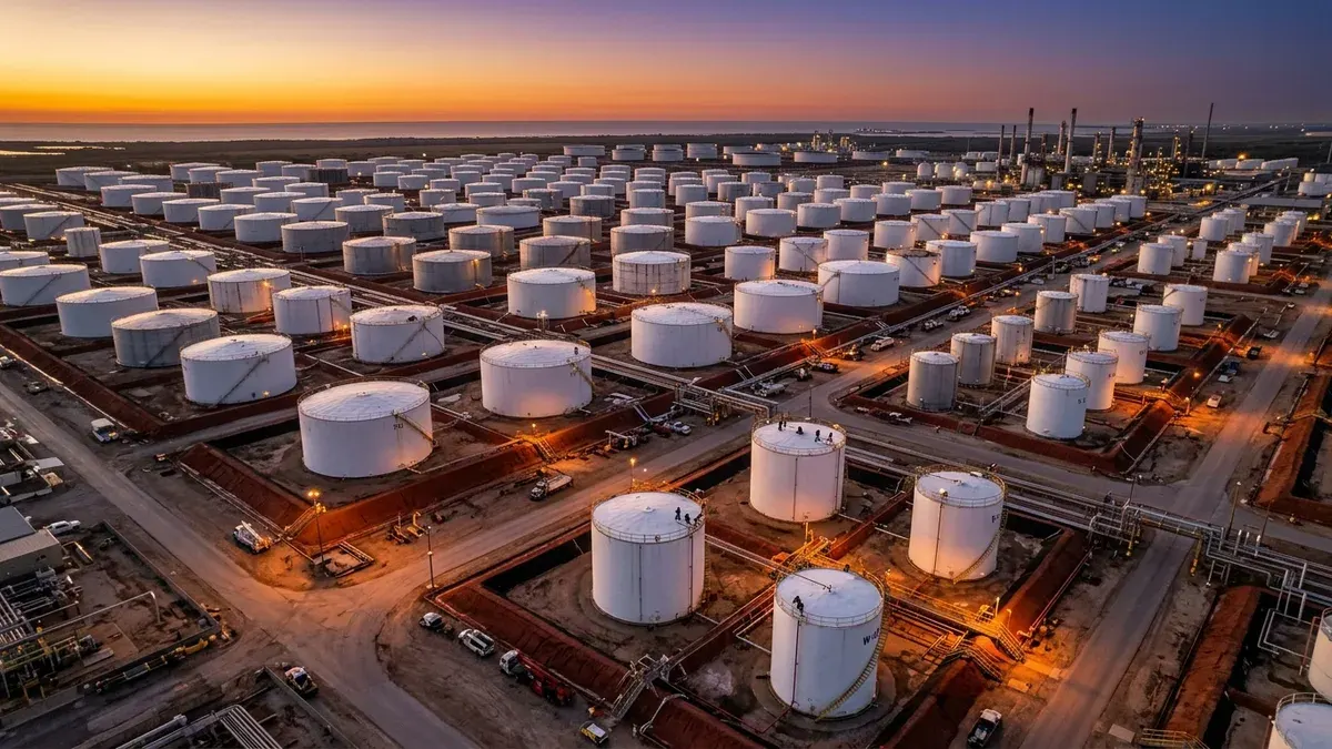 Editorial image: Tank farm inspection aerial dusk - Structured Inspection Planning for Turnarounds Reduces Delays and Costly Surprises