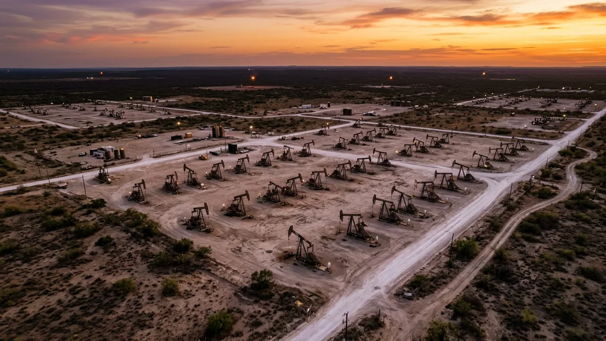 Editorial image: Aerial pumpjack field at dusk - Texas Upstream Sector Shed 900 Jobs in Early 2026, but Hiring Signals Remain Mixed