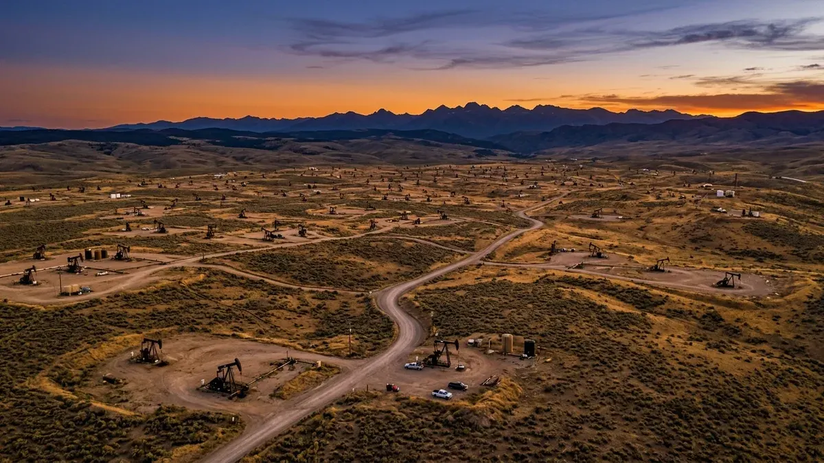 Editorial image: Aerial pumpjack field, wilderness boundary - Trump Administration Opens Federal Wilderness to Oil and Gas Drilling