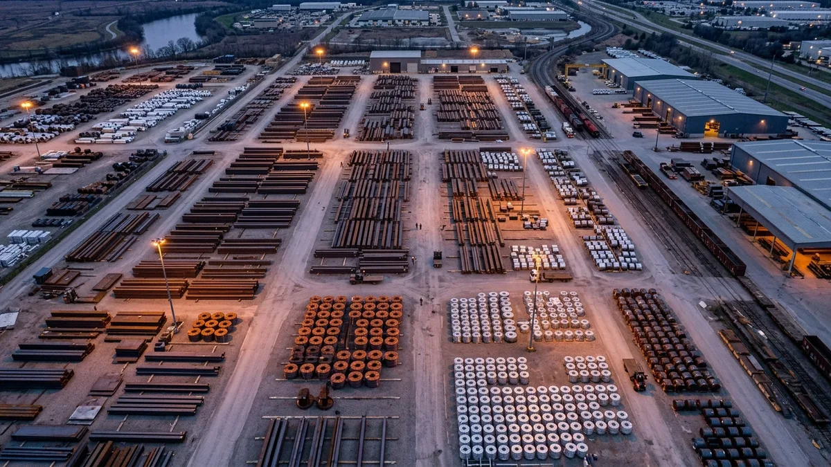 Editorial image: Aerial steel yard dusk - Trump Cuts Tariff Rates on Derivative Steel, Aluminum and Copper Goods to 25%