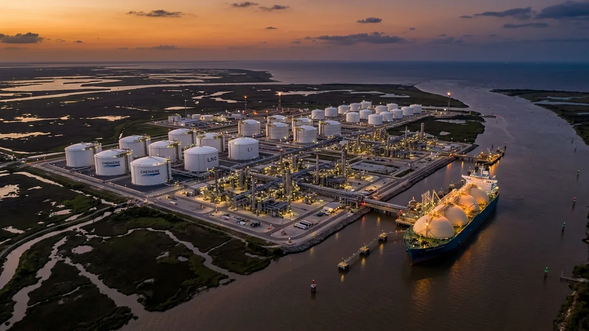 Editorial image: LNG terminal aerial dusk - Venture Global Locks In $1.75B Loan for Calcasieu Pass LNG Project