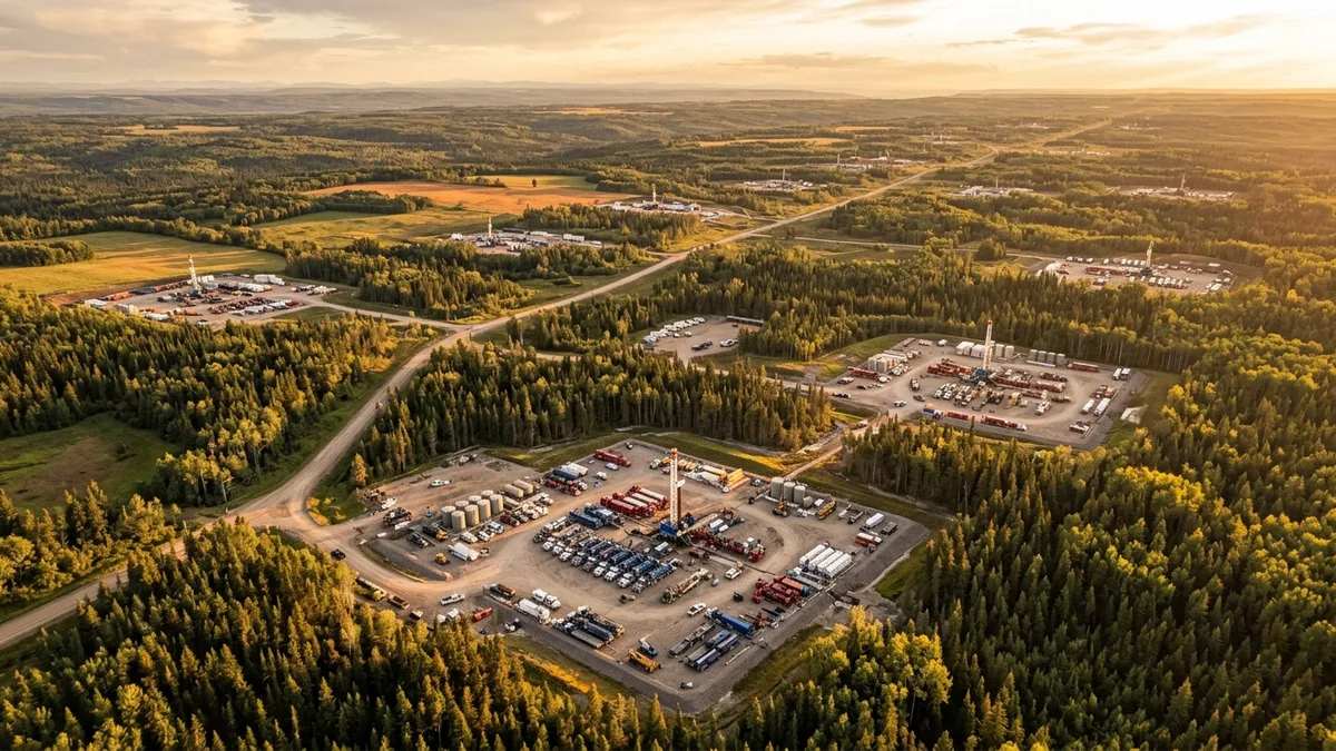 Editorial image: Aerial Montney wellpad golden hour - Whitecap Resources Claims 10 of Top 15 Alberta Wells in March IP Data