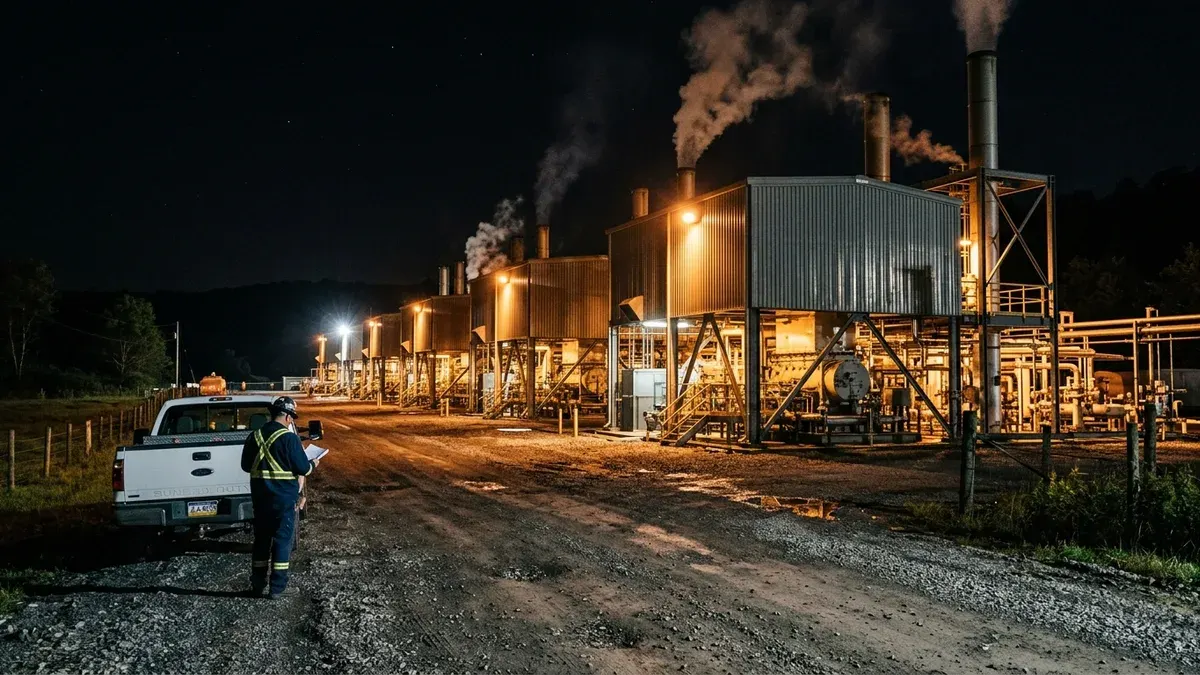 Editorial image: Compressor station night operations - Williams Breaks Ground on NESE Pipeline Expansion, Targeting Late 2027 Completion