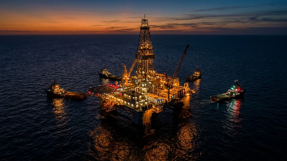 Editorial image: Deepwater rig dusk aerial - Wood Mackenzie Flags 300-Billion-Barrel Supply Gap, Majors Ramp Up Deepwater Exploration