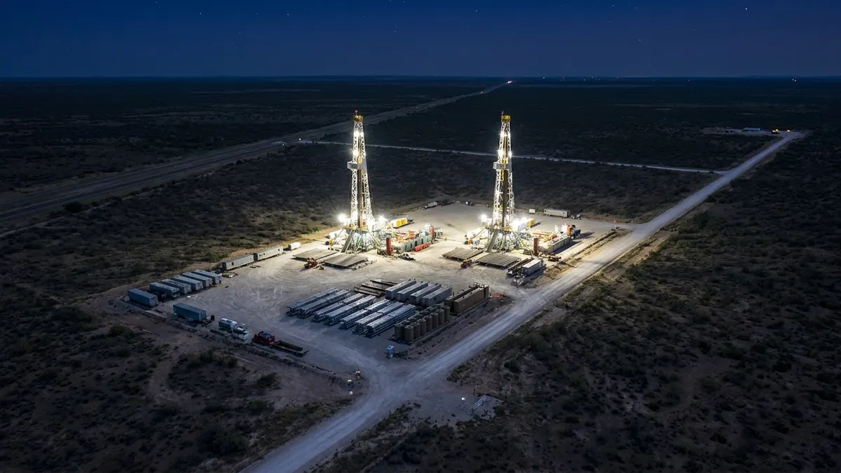 Editorial image: Multi-well pad aerial night - Battalion Oil Plans Eight-Well Cube Development at Ward County Permian Acreage