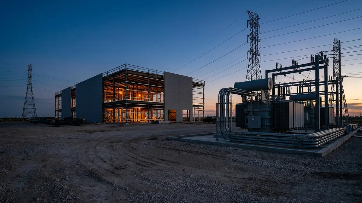 Editorial image: Data center power infrastructure dusk - Burns & McDonnell Tops $1 Billion in Texas and Southeast Revenue, Driven by Data Centers and Power